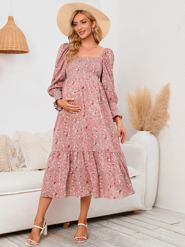 Maternity Dresses- Motherhood Floral Lantern Sleeve Maternity Dress for Baby Showers- Pink- Chuzko Women Clothing