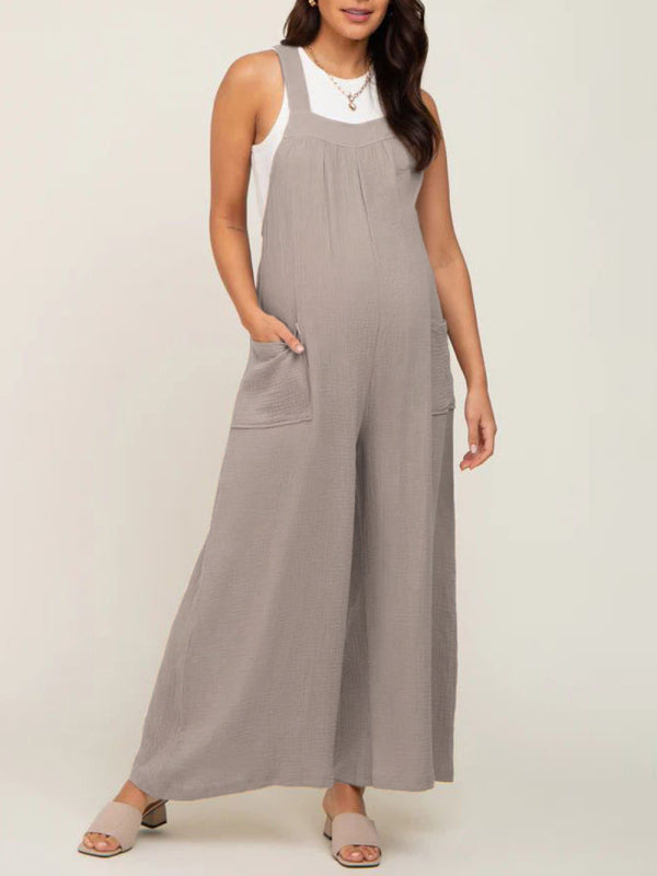 Maternity Overalls- Solid Cotton Maternity Jumpsuit - Comfy Bib Pants Wide-Leg Overalls- - Chuzko Women Clothing