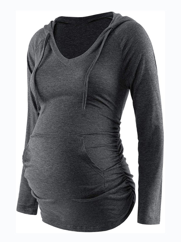 Maternity Wear Solid Hooded Long Sleeve Tee