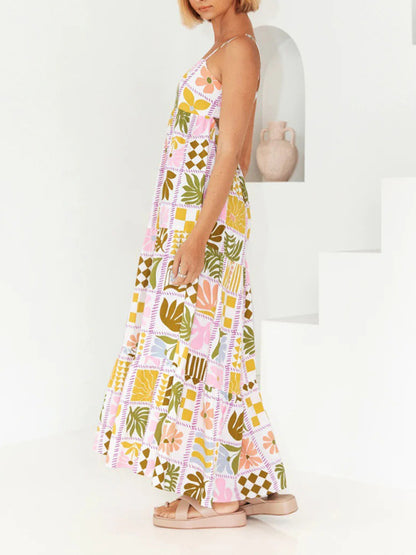 A-Line Cami Maxi Dress in Summer Print with Open Back