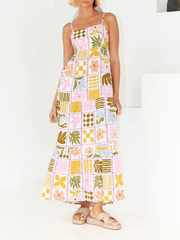 A-Line Cami Maxi Dress in Summer Print with Open Back