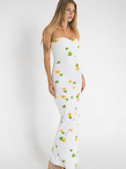 Maxi Dresses- Floral Print Bodycon Tube Maxi Dress- Chuzko Women Clothing