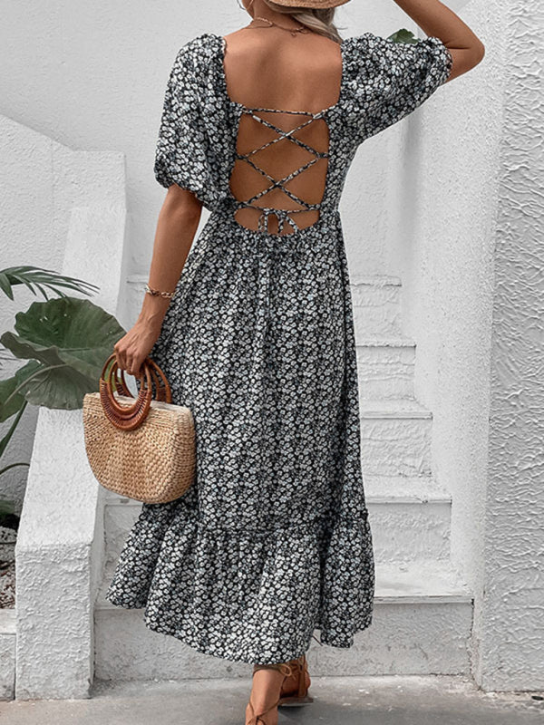 Maxi Dresses- Lace-Up Back Floral Maxi Dress for Summer- Chuzko Women Clothing
