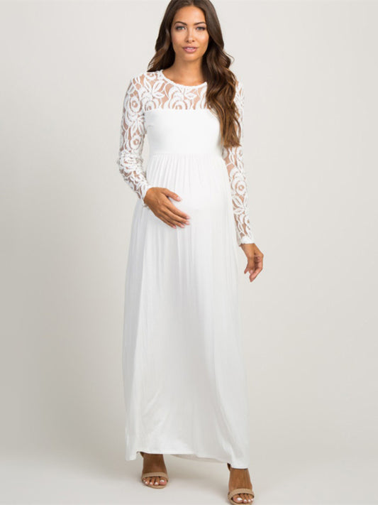 Maxi Dresses- Mother-to-Be Long Sleeve Maternity Maxi Dress for Baby Showers- White- Chuzko Women Clothing