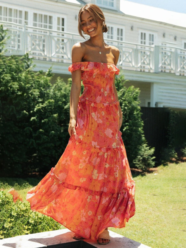 Vacation Floral Print Off Shoulder A-Line Maxi Dress