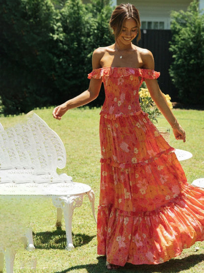 Vacation Floral Print Off Shoulder A-Line Maxi Dress