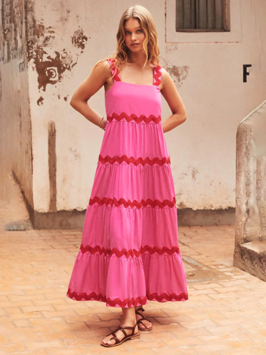 Maxi Dresses- Vacation Ric-Rac Trimmed Tiered Cami Maxi Dress for Summer- Rose- Chuzko Women Clothing
