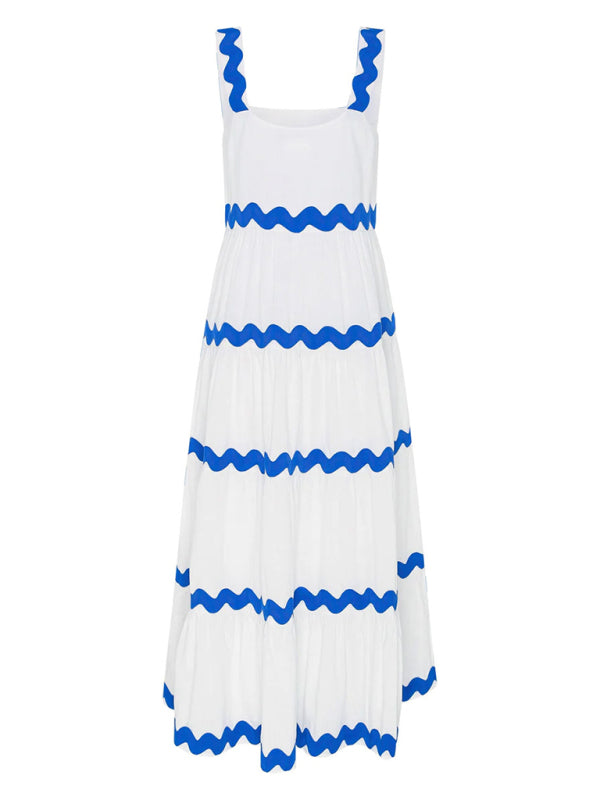 Maxi Dresses- Vacation Ric-Rac Trimmed Tiered Cami Maxi Dress for Summer- - Chuzko Women Clothing