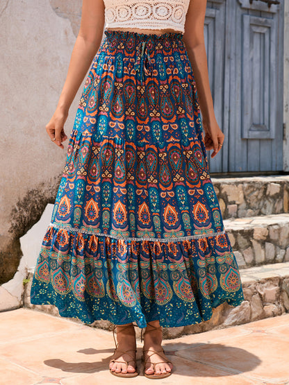 Boho Smocked Waistband Maxi Skirt in Parsley Print