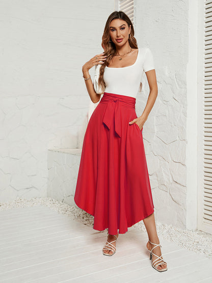 Maxi Skirts- High Waisted Flowy Maxi Skirt | Tie-Waist & Functional Pockets- Chuzko Women Clothing