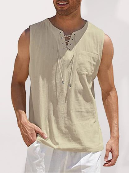 Men's Sleeveless Tops- Solid Cotton Blend Lace-Up Sleeveless Top Vest for Men- Chuzko Women Clothing