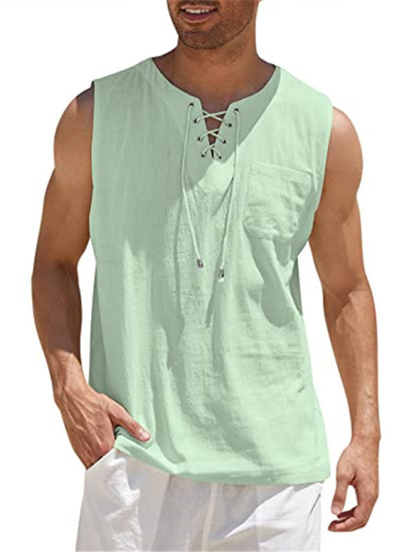 Men's Sleeveless Tops- Solid Cotton Blend Lace-Up Sleeveless Top Vest for Men- Chuzko Women Clothing