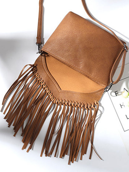 Faux Leather Fringe Messenger Bag - Envelope Purse