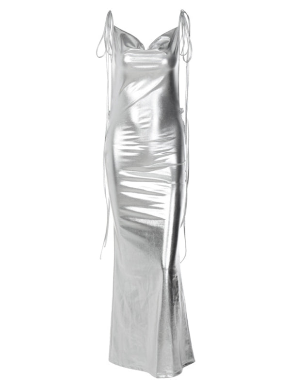 Elegant Metallic Mermaid Cowl Maxi Dress with Deep Backless
