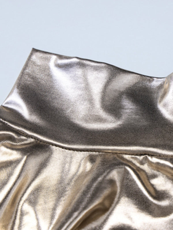 Metallic Dresses- Party Long Sleeve Backless Bodycon Maxi Dress in Metallic Gloss- Chuzko Women Clothing