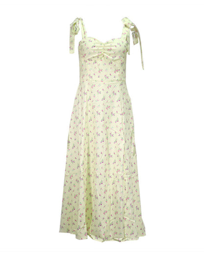 Midi Dress- Romantic Tie-Shoulder Slit Midi Dress in Floral Print- - Chuzko Women Clothing
