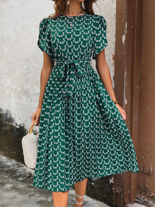 Midi Dresses- A-Line Belted Midi Dress In Green Print with Short Sleeves- Chuzko Women Clothing