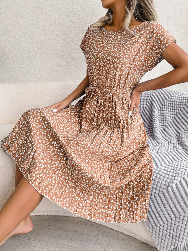Midi Dresses- A-Line Floral Print Crewneck Midi Dress with Tie-Belt- Chuzko Women Clothing