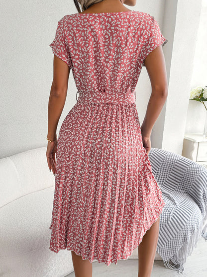 Midi Dresses- A-Line Floral Print Crewneck Midi Dress with Tie-Belt- Chuzko Women Clothing