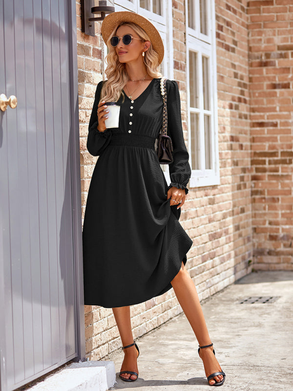 Midi Dresses- A-Line Smocked Waist Midi Dress with Long Sleeves in Textured Fabric- Chuzko Women Clothing