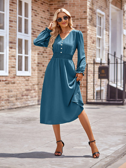 Midi Dresses- A-Line Smocked Waist Midi Dress with Long Sleeves in Textured Fabric- Chuzko Women Clothing
