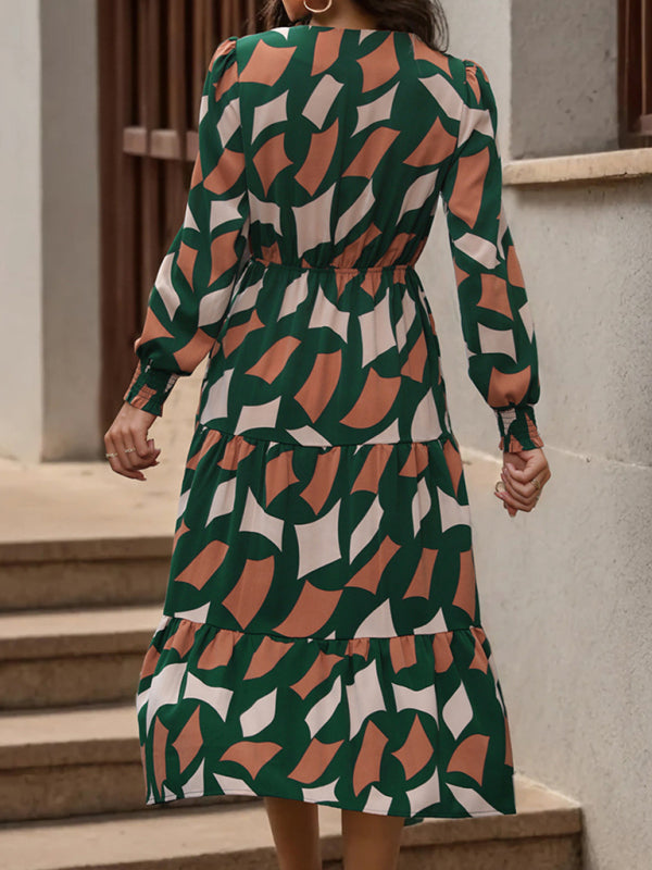 Midi Dresses- Abstract Print A-Line Midi Dress with Long Sleeves and Gathered Waist- Chuzko Women Clothing