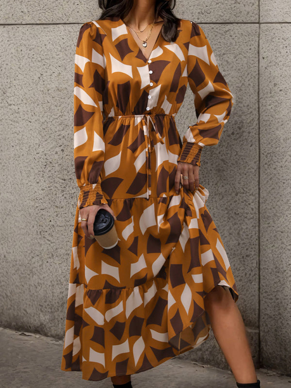 Midi Dresses- Abstract Print A-Line Midi Dress with Long Sleeves and Gathered Waist- Chuzko Women Clothing