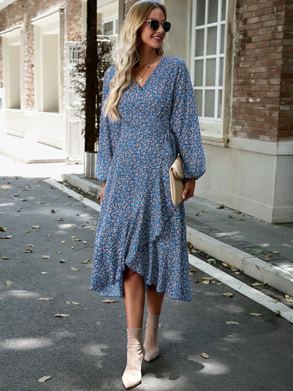 Boho Floral Long-Sleeved Wrap Midi Dress