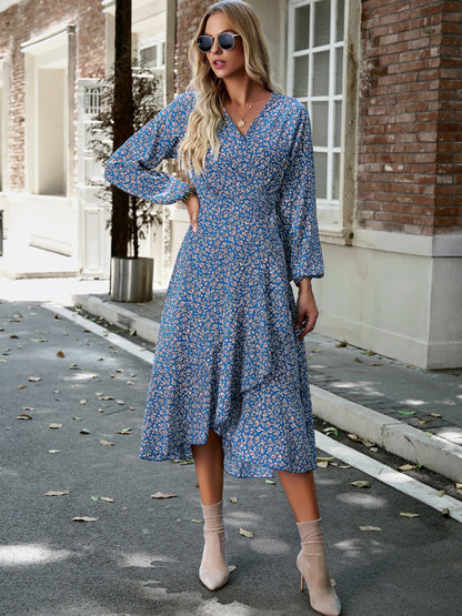 Boho Floral Long-Sleeved Wrap Midi Dress