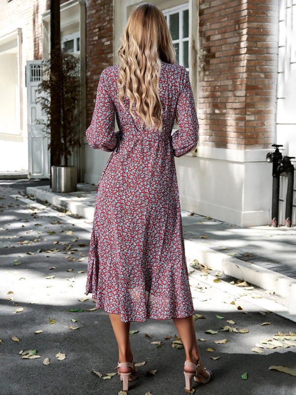 Boho Floral Long-Sleeved Wrap Midi Dress