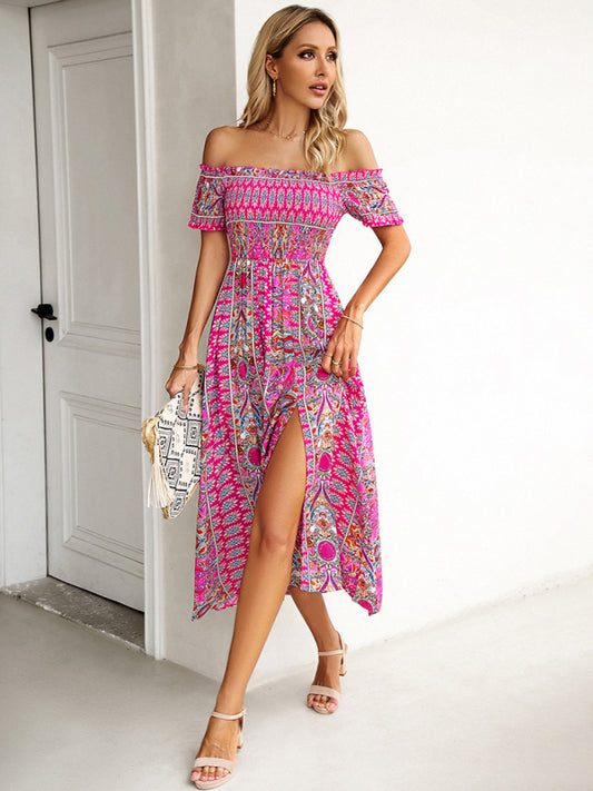 Midi Dresses- Boho Off-Shoulder Floral Slit Midi Dress with Smocked Bodice- Pink- Chuzko Women Clothing