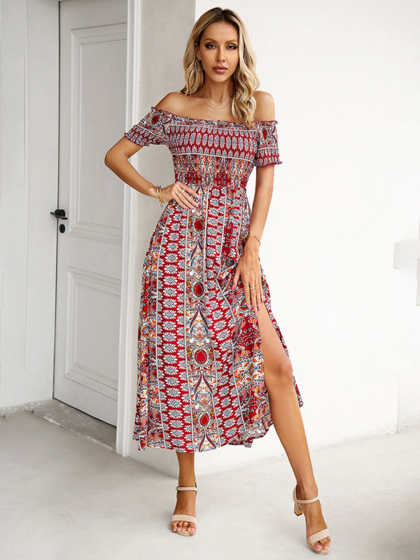 Midi Dresses- Boho Off-Shoulder Floral Slit Midi Dress with Smocked Bodice- - Chuzko Women Clothing