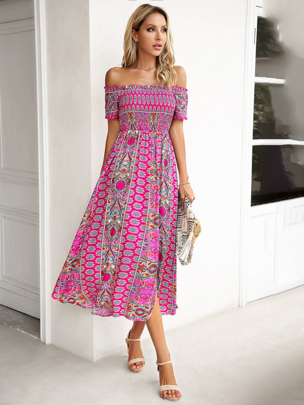 Midi Dresses- Boho Off-Shoulder Floral Slit Midi Dress with Smocked Bodice- - Chuzko Women Clothing