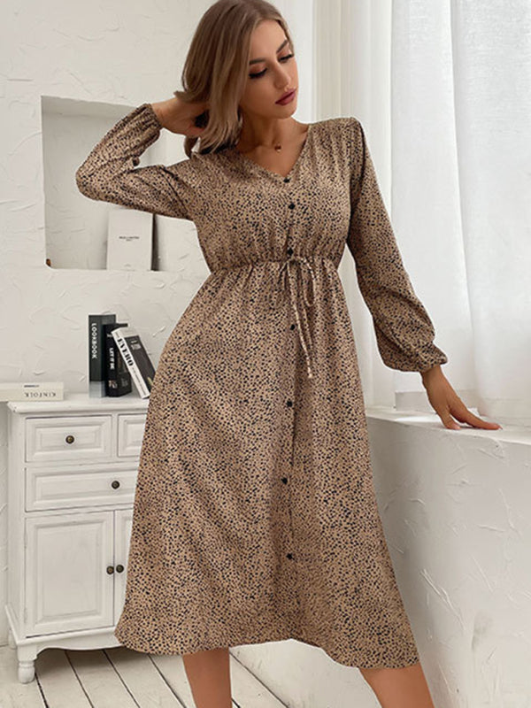 Midi Dresses- Button-Up Leopard Print Dress with Tie-Waist and Long Sleeves- Chuzko Women Clothing