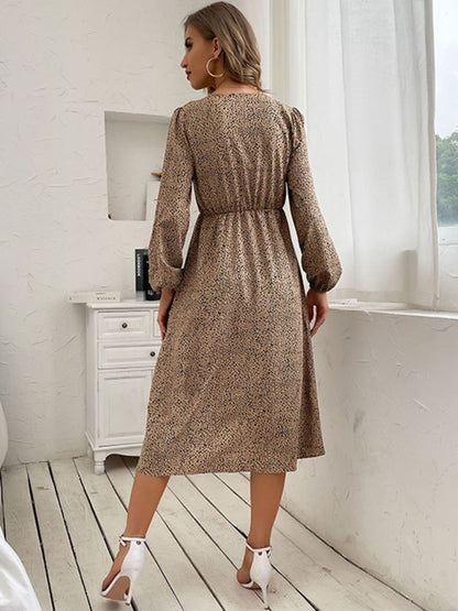 Midi Dresses- Button-Up Leopard Print Dress with Tie-Waist and Long Sleeves- Chuzko Women Clothing
