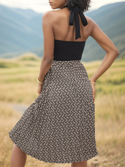 Midi Dresses- Color Block Halter Sleeveless A-Line Midi Dress with Belted Waist- - Chuzko Women Clothing