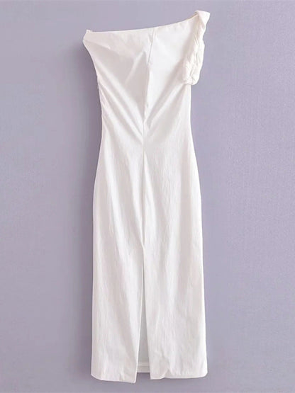 Midi Dresses- Elegant Solid One-Shoulder Asymmetric Midi Dress- - Chuzko Women Clothing
