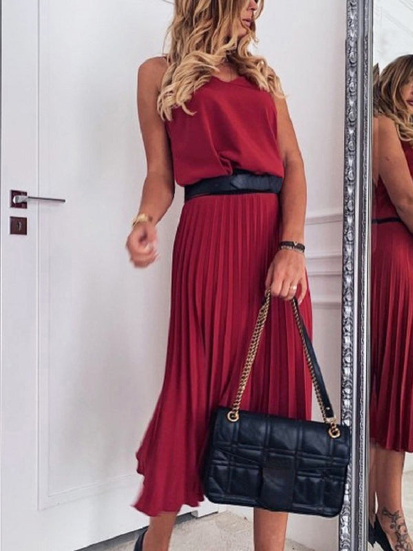 Elegant Solid Pleated A-Line Midi Cami Dress