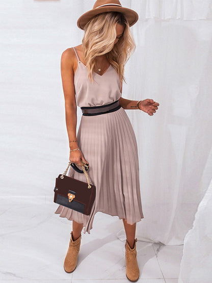 Elegant Solid Pleated A-Line Midi Cami Dress