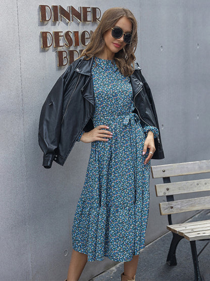 Midi Dresses- Floral A-Line Midi Dress with Long Sleeves & Tie-Belt- Chuzko Women Clothing