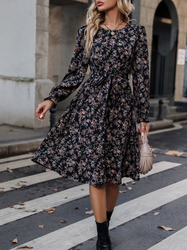 Midi Dresses- Floral Print A-Line Belted Midi Dress and Long Sleeves- Chuzko Women Clothing