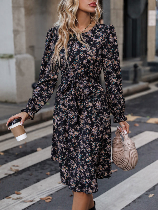 Midi Dresses- Floral Print A-Line Belted Midi Dress and Long Sleeves- Chuzko Women Clothing