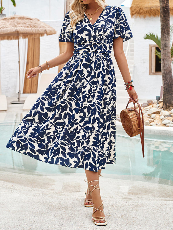 Midi Dresses- Floral Print Surplice V-Neck Midi Dress with Smocked Waist- Champlain color- Chuzko Women Clothing