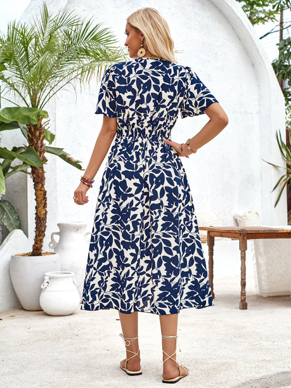 Midi Dresses- Floral Print Surplice V-Neck Midi Dress with Smocked Waist- - Chuzko Women Clothing