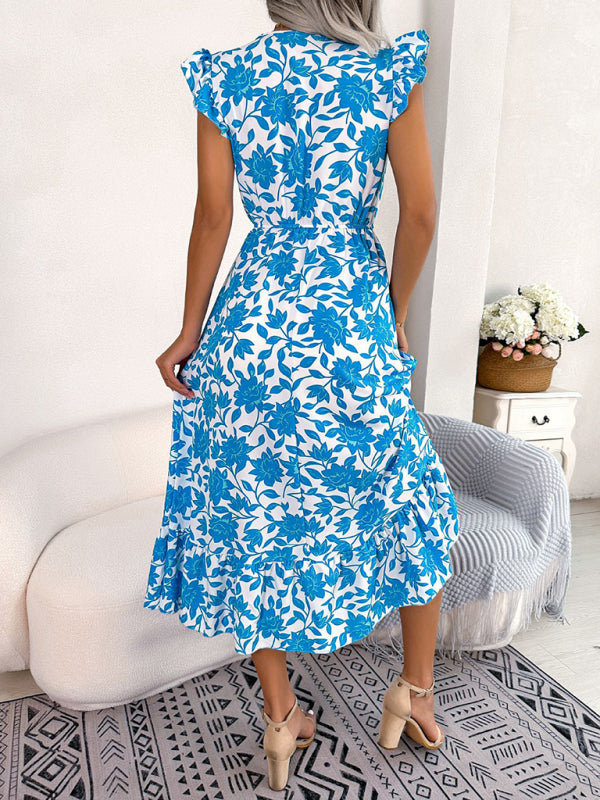Midi Dresses- Floral V-Neck A-Line Midi Dress with Gathered Waist and Ruffle Frills- Chuzko Women Clothing