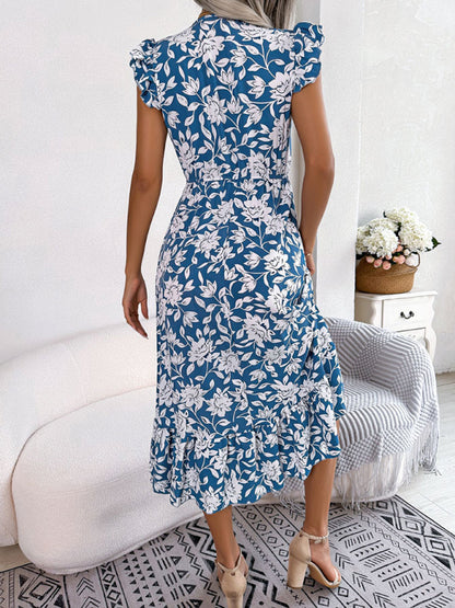 Midi Dresses- Floral V-Neck A-Line Midi Dress with Gathered Waist and Ruffle Frills- Chuzko Women Clothing