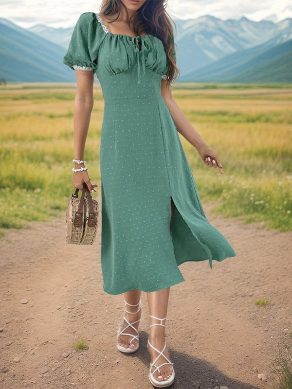 Midi Dresses- Jacquard Swiss Dot Square Neck A-Line Slit Midi Dress- - Chuzko Women Clothing