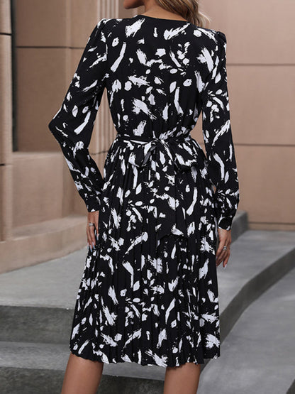 Midi Dresses- Lantern Sleeve Midi Dress in Black Print with A-Line Silhouette- Chuzko Women Clothing