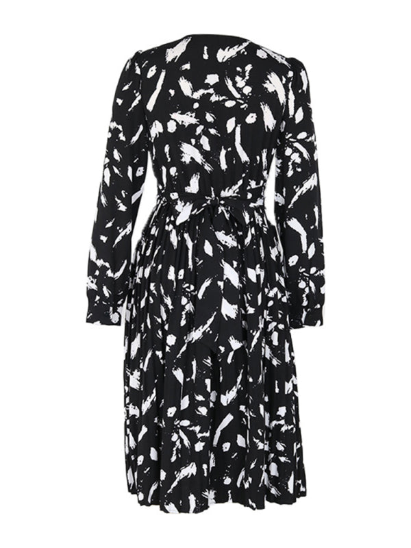 Midi Dresses- Lantern Sleeve Midi Dress in Black Print with A-Line Silhouette- Chuzko Women Clothing