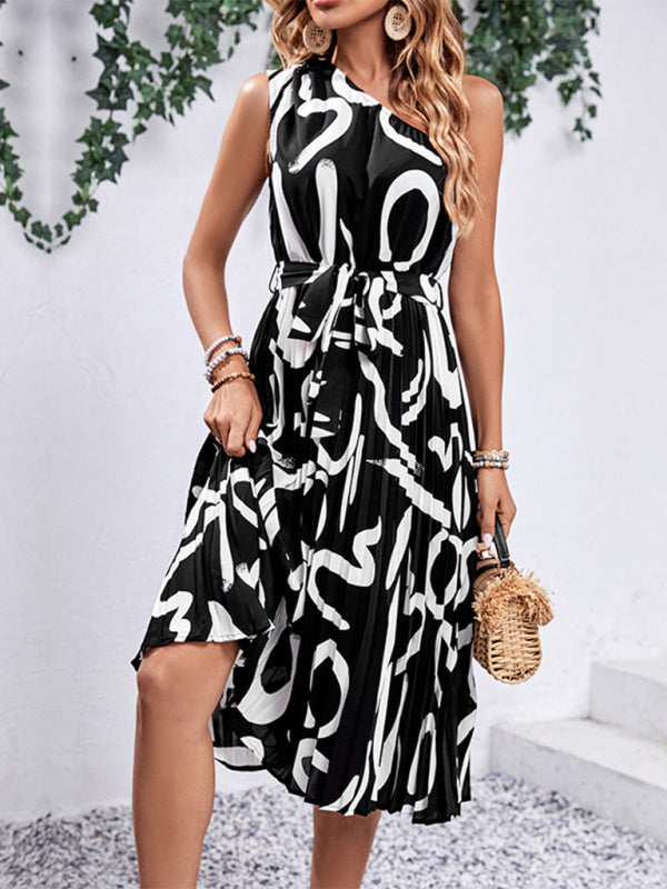 Midi Dresses- Letter Print Asymmetric Design One Shoulder Midi Dress- Black- Chuzko Women Clothing